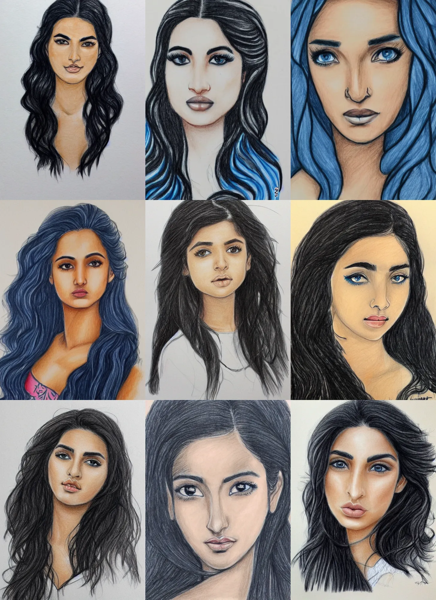 Prompt: tanned ameera al taweel, blue eyes, wavy black hair, confident beautiful drawing by kj willington