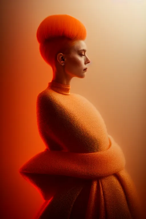 Image similar to a model wearing haute couture from chanel, macro photography, long exposure photograph, surrealism, anamorphic bokeh, cozy, soft light, orange and teal, caustic, atmospheric fog, octane render, cinematic