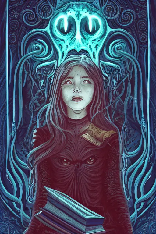 Image similar to ai illustration of romantic girl, her cat and her book of necronomicon, symmetrical, cinematic, sharp focus, 4 k, ultra hd, sense of awe, sinister demonic atmosphere, dreadful, forbidden knowledge, old gods, cthulhu, yog - sothoth! yah, yah, yah! cultist journal cover