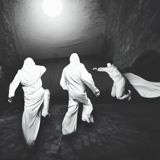 Prompt: cinematic lighting photograph of proffesional Ghost hunters running away from a person acting like a ghost wearing a white cloth over body chasing them