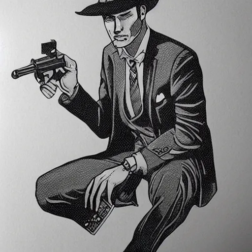 Prompt: noir detective, black ink on paper, trending on artstation, beautiful, intricate, detailed