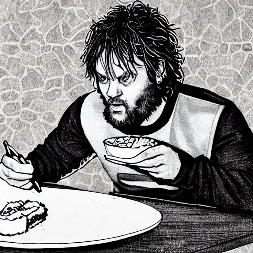 Prompt: pencil illustration of Bam Margera eating sushi with chopsticks highly detailed