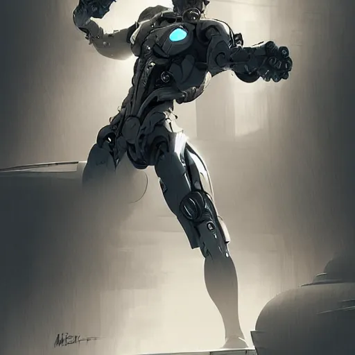 Image similar to ilustration, cyborg, dynamic pose, by mike redman, by roman muratkin, by beto garza, artstation