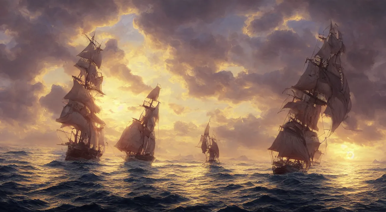 Image similar to detailed oil painting of galleon sailing towards the rising sun, calm ocean, sunset lighting, clear blue sky, hyperdetailed unreal engine 8 k ultra hd, stanley artgerm lau, rossdraws, james jean marc simonetti ruan jia and mandy jurgens and artgerm and william illustration, digital art, concept art