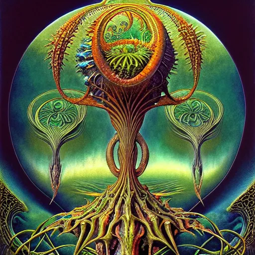 Image similar to divine chaos engine by roger dean and andrew ferez, tree of life, symbolist, visionary, art forms of nature by ernst haeckel, art nouveau, botanical organic fractal structures, surreality, detailed, realistic, deep rich moody colors