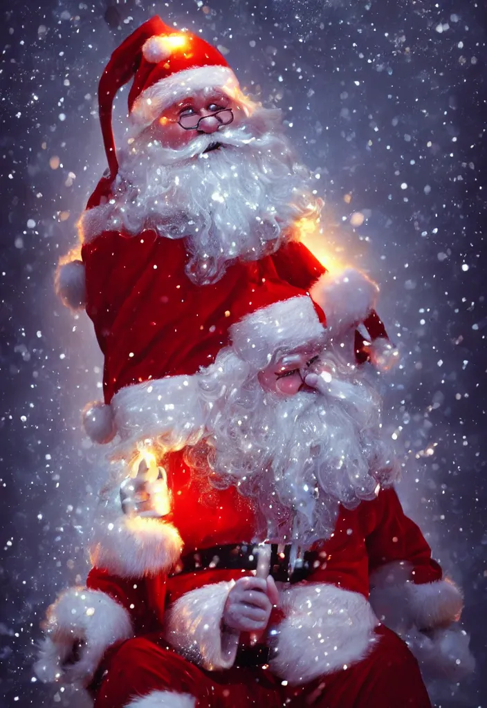 Image similar to gigantic sparkling heavenly glowing santa as a demon in a snowy hell, eerie, dark, magical, fantasy, trending on artstation, digital art.