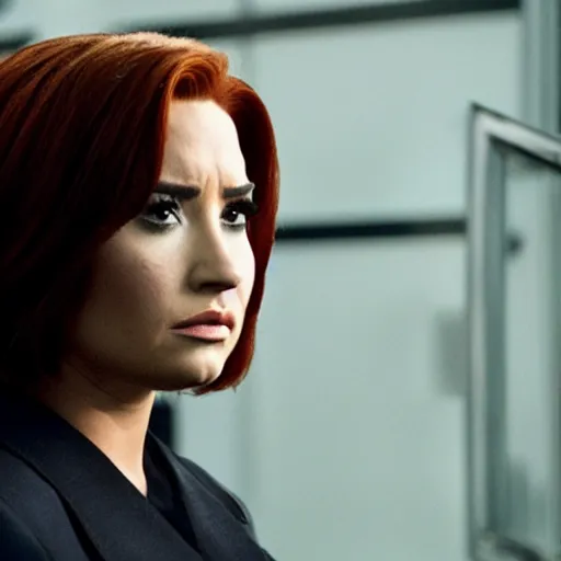 Image similar to close-up of Demi Lovato as Dana Scully with black hair in an X-Files movie directed by Christopher Nolan, movie still frame, promotional image, imax 35 mm footage