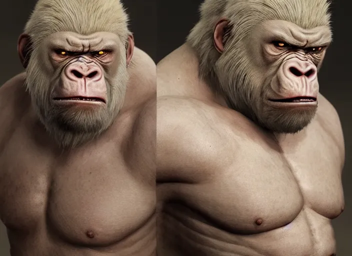 Image similar to extremely scary angry old tough rough looking albino warrior gorilla. scars, scary, gruffness, interesting 3 d character concept by square enix, in the style of league of legends, hyper detailed, cinematic, final fantasy, character concept, ray tracing, fur details, maya, c 4 d, artstation