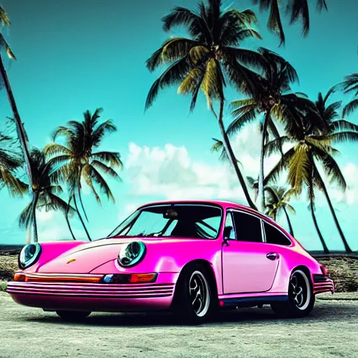 Image similar to porsche on the tropical island, professional photography, vaporwave