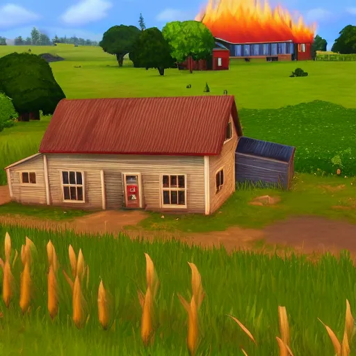 Image similar to a small vintage farm on fire in a corn field in the style of sims 4, gameplay footage