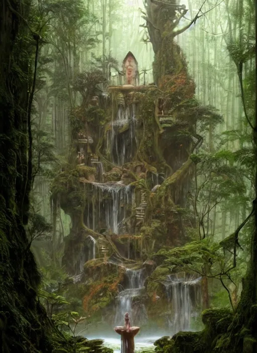 Image similar to a hyper realistic architectural witch shrine under a waterfall in the woods, gorgeous lighting, lush forest foliage, painting by chiara bautista and tom bagshaw, muca beksinski and norman rockwell and greg rutkowski weta studio, and lucasfilm