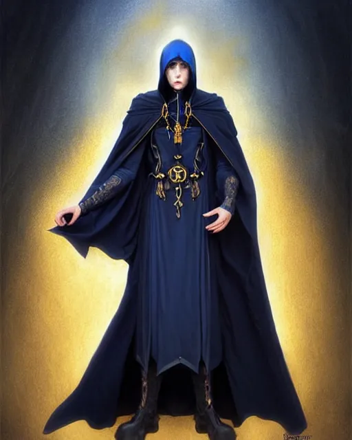 Prompt: cursed male mage at the end of time, long black hair blue eyes wearing cloth mantle gothic navy cloak with gold details, wizard town, fantasy character portrait, ultra realistic, intricate, elegant, cinematic lighting, highly detailed, digital painting, artstation, smooth, sharp, focus, illustration, art by artgerm and greg rutkowski and alphonse mucha
