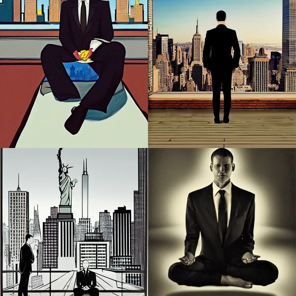 Prompt: man in black suit meditating, meditation pose, new york buildings, city view landscape, leyendecker style