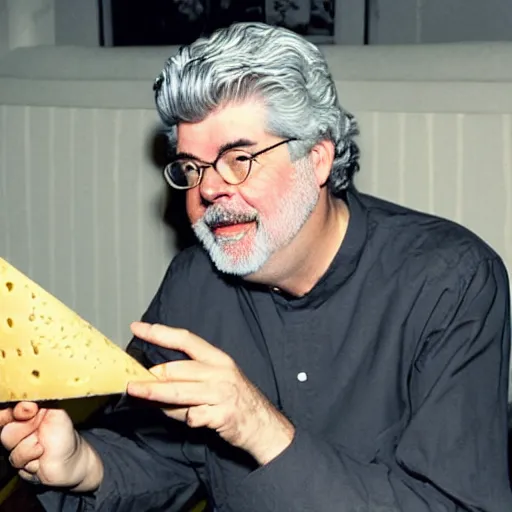 Prompt: george lucas eating a cone of cheese flavored ice cream