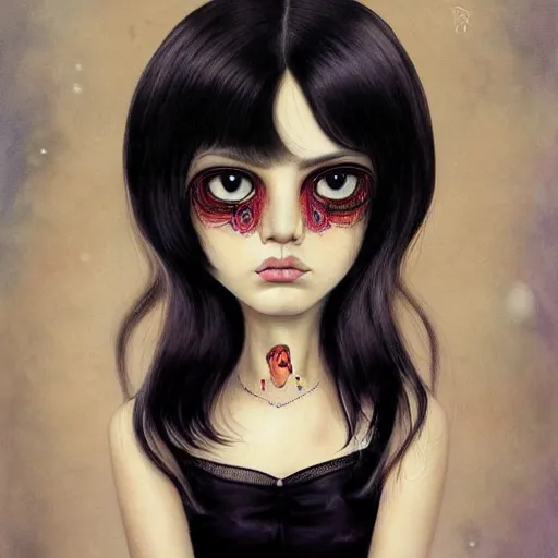 Image similar to a painting of an emo goth mexican woman with long dark hair thick eyebrows dark eyes and dark circles wide nose big eyes oval face shape big cheeks, holding her tabby cat, a photorealistic painting by tran nguyen and ilya kuvshinov, featured on deviantart, gothic art, goth, gothic, detailed painting