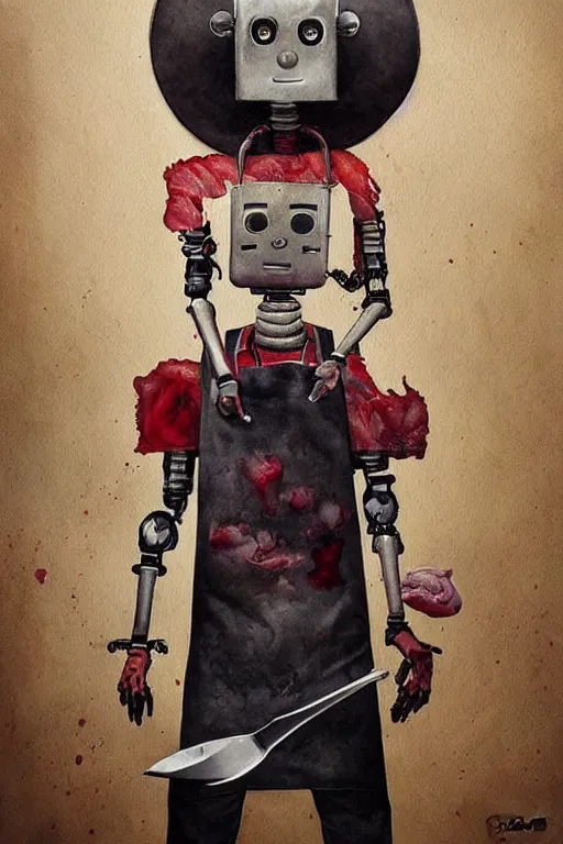 Prompt: a portrait of a robot boy butcher, holding a 🔪, bloody apron, surrealism, dramatic lighting, textured paper, character study, watercolor painting by android jones