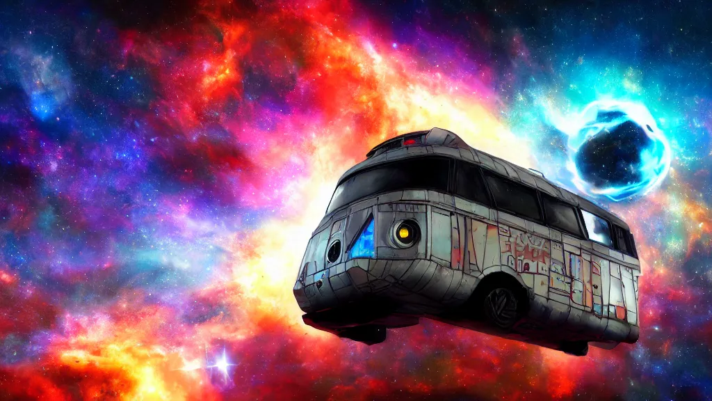 Image similar to a photorealistic concept art of a space van flying in front of a nebula, siny metal, graffiti on the side, epic, star wars style, 4 k hd wallpaper, premium prints available, hyper realistic, bright iridescent light, legendary, trending on artstation