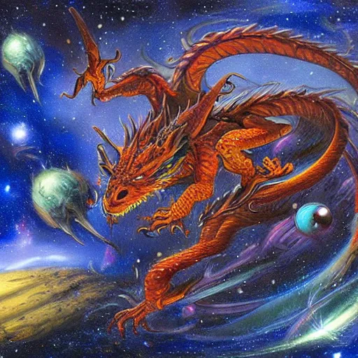 Prompt: A beautiful assemblage of a dragon in space by Justin Gerard. The dragon is in the foreground with its mouth open, revealing rows of sharp teeth. Its body is coiled and ready to strike, and its tail is wrapped around a star in the background. The colors are bright and the background is full of stars and galaxies. The overall effect is one of chaotic energy and movement. cool orange by Iain Faulkner evocative