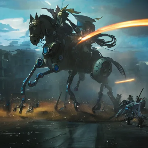 Prompt: The charge of the light brigade with robotic horses, steampunk, dramatic lighting, by Makoto Shinkai and Ruan Jia