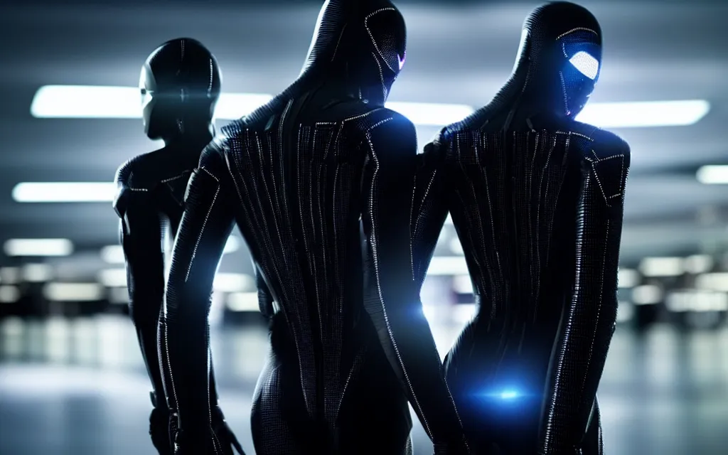 Prompt: love, diverse dark cybersuits, from behind, wide wide angle, vivid, elaborate, highly detailed, beautiful lighting