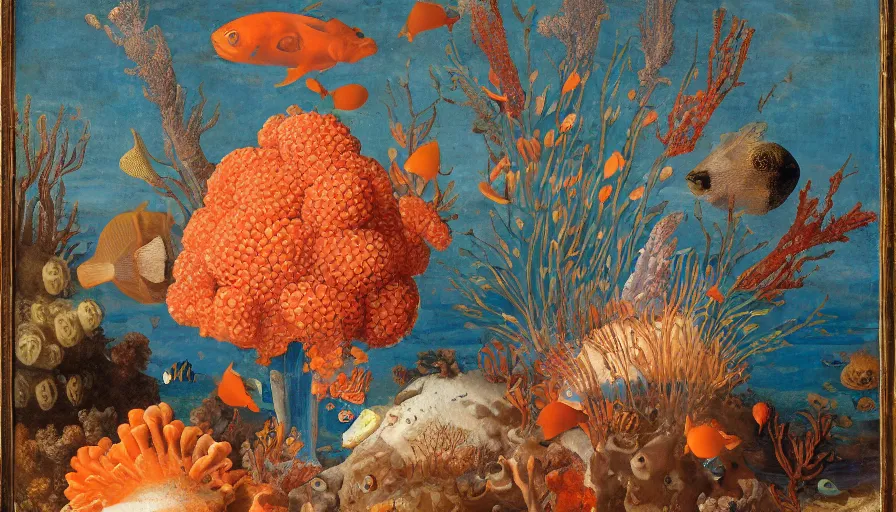 Image similar to bottle vase of coral under the sea decorated with a dense field of stylized scrolls that have opaque outlines enclosing mottled blue washes, with orange shells and purple fishes, Ambrosius Bosschaert the Elder, oil on canvas, hyperrealism, around the edges of there are no objects