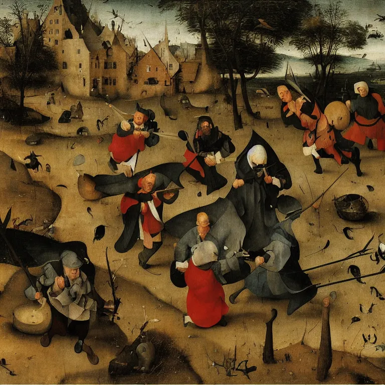 Prompt: The medium shot of three sarcastic mans with fishes running away with a small profit of money, Grim Reaper laughs and follow them, by Hieronymus Bosch and Pieter Bruegel, super detailed oil painting, proportional faces, hyper realistic, 4k, masterpiece