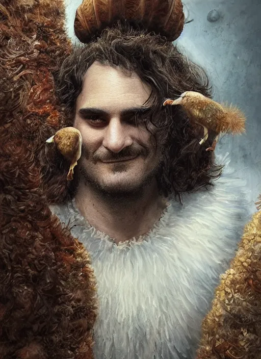 Image similar to a hyper detailed painting of an anthropomorphic joaquin phoenix as the king of animals, cow horns, pig nose, sheep wool, chicken feathers, horror, by anna podedworna, by miklos ligeti, by diego maricato, by taran fiddler, by antonino truisi, by chris reddie, on artstation