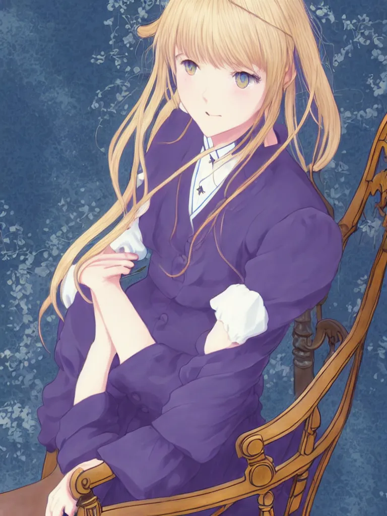 Image similar to a character portrait of violet evergarden, sitting down on a chair in a victorian home background, style of kyoto animations, trending on pixiv, anime, high detail, character accurate