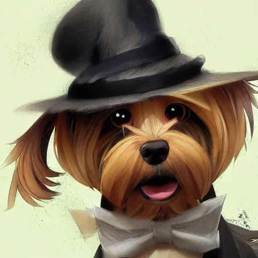 Image similar to anime portrait of the cutest yorkshire terrier detective wearing a fedora hat by Stanley Artgerm Lau, WLOP, Rossdraws, James Jean, Andrei Riabovitchev, Marc Simonetti, and Sakimichan, trending on artstation