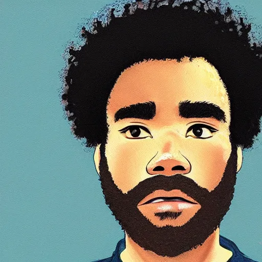 Prompt: donald glover with curly hair, painting on a canvas, anime style, studio ghibli, contemplative, beautiful, surreal, detailed, dreamy