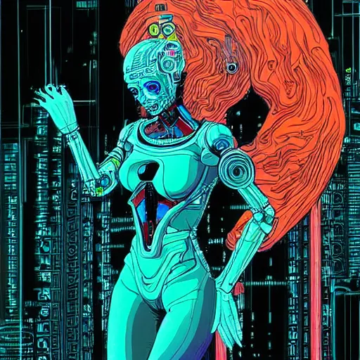 Image similar to a portrait of a beautiful cybernetic woman connected to a synthesizer from hell, wires, cyberpunk concept art by josan gonzales and philippe druillet