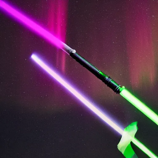 Image similar to a light saber with the northern lights inside of it, uncropped, photography