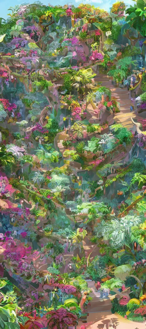 Prompt: concept art of a cascading exotic garden by walt disney television animation