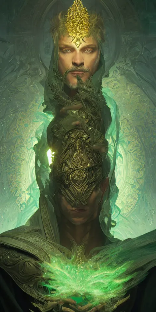 Image similar to sinister male mage, viscount, ancient, sand, emerald, magic, intricate, highly detailed, digital painting, artstation, concept art, smooth, sharp focus, illustration, Unreal Engine 5, 8K, art by artgerm and greg rutkowski and alphonse mucha