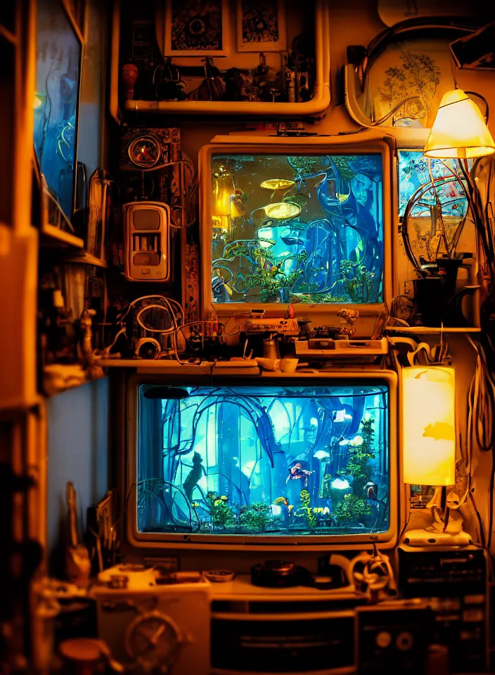 Image similar to telephoto 7 0 mm f / 2. 8 iso 2 0 0 photograph depicting the feeling of chrysalism in a cosy cluttered french sci - fi ( ( art nouveau ) ) cyberpunk apartment in a dreamstate art cinema style. ( ( computer screens, sink ( ( ( fish tank ) ) ) ) ), ambient light.