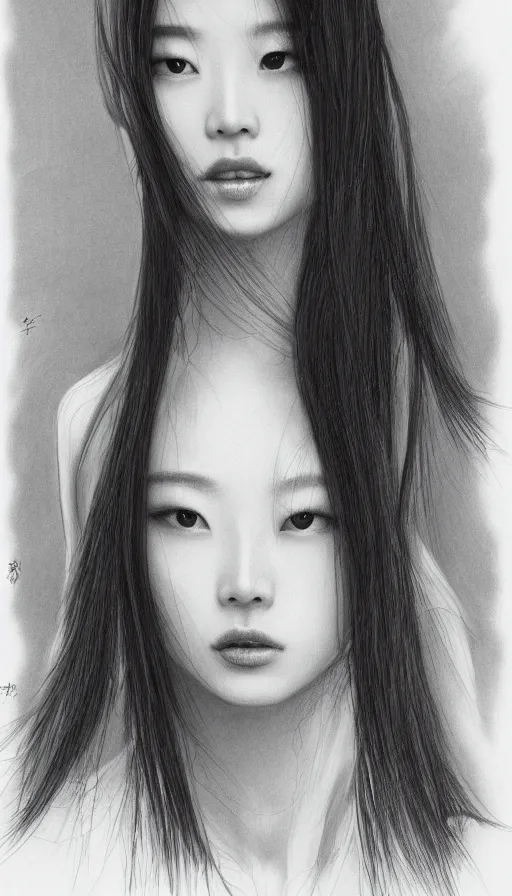 Image similar to model yoon young as the high priestess, by soeymilk, black and white graphite drawing, smooth render, 3 / 4 view