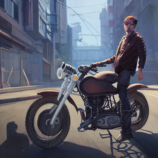 Image similar to highly detailed portrait of youngthank you very much a biker rabbit in gta v, stephen bliss, unreal engine, fantasy art by greg rutkowski, loish, rhads, ferdinand knab, makoto shinkai and lois van baarle, ilya kuvshinov, rossdraws, tom bagshaw, global illumination, radiant light, detailed and intricate environment