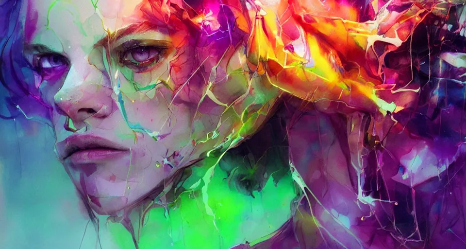 Image similar to concept art, trending on cgsociety and unreal engine, light effect, highly detailed, super wide angle, neon purple, neon orange, lime green, watercolor by Agnes Cecile