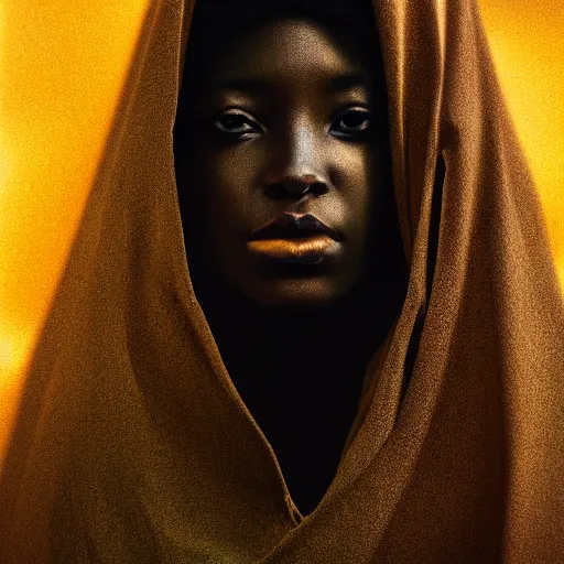 Image similar to a portrait of a young black woman wearing a long dark cloak, hood and shadows covering face, anatomically correct, beautiful perfect face, enigmatic, oil painting, matte painting, black background, Volumetric Golden dappled dynamic lighting, Highly Detailed, Cinematic Lighting, Unreal Engine, 8k, HD, by Beksinski