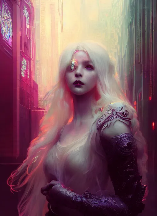Image similar to a beautiful white haired princess, intricate concept art, ethereal, ominous, mysterious, enchanted, magic, dramatic lighting, illuminated lines, outrun, vaporware, illuminated runes, cyberpunk darksynth, dark background, 8 k, by ruan jia and krenz cushart and alphonse mucha