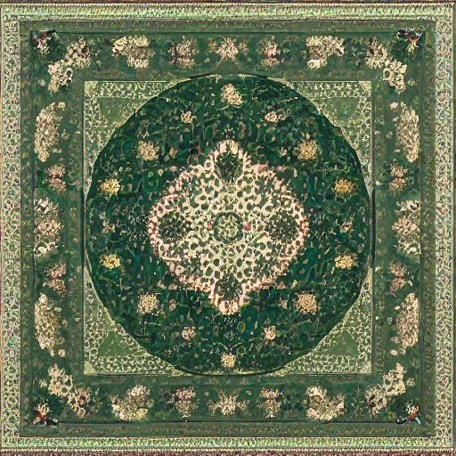 Prompt: 5 0 mm photorealistic octane render of green persian rug texture with huge kiwi fruits ornaments, top view, symmetrical, beautiful, square, trending on artstation, unreal render, 4 k, volumetric light