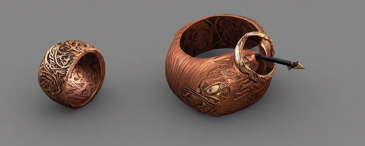 Prompt: wooden ring with a sword ornament, ring, wood, steel, sword, smooth shank, engravings, product design, jewelry, art by gerald brom, greg rutkowski and artgerm and james jean and zdzisław beksinski, 8 k, unreal engine, c 4 d