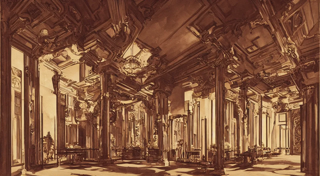 Image similar to inside a baroque frame. chiaroscuro gouache by james gurney. enlightenment salon architecture designed by frank lloyd wright. composed by directory kubrick ( 1 9 6 2 )