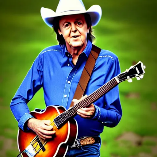 Image similar to Paul McCartney wearing a cowboy hat and playing the banjo, 8k, high definition, highly detailed, photo-realistic