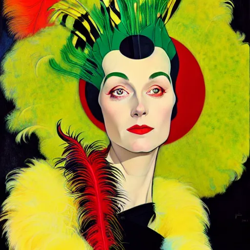 Prompt: art by joshua middleton, a medium shot portrait of the golden creeper, a tall manically smiling yellow - skinned woman with green and black striped cycling shorts and wearing a long red and black striped ostrich feather boa, yellow makeup, mucha, kandinsky, poster, art deco motifs, comic art, stylised design, scarlet feather boa