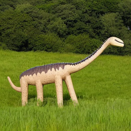 Prompt: a diplodocus lazily walking through a meadow enjoying the summer sun