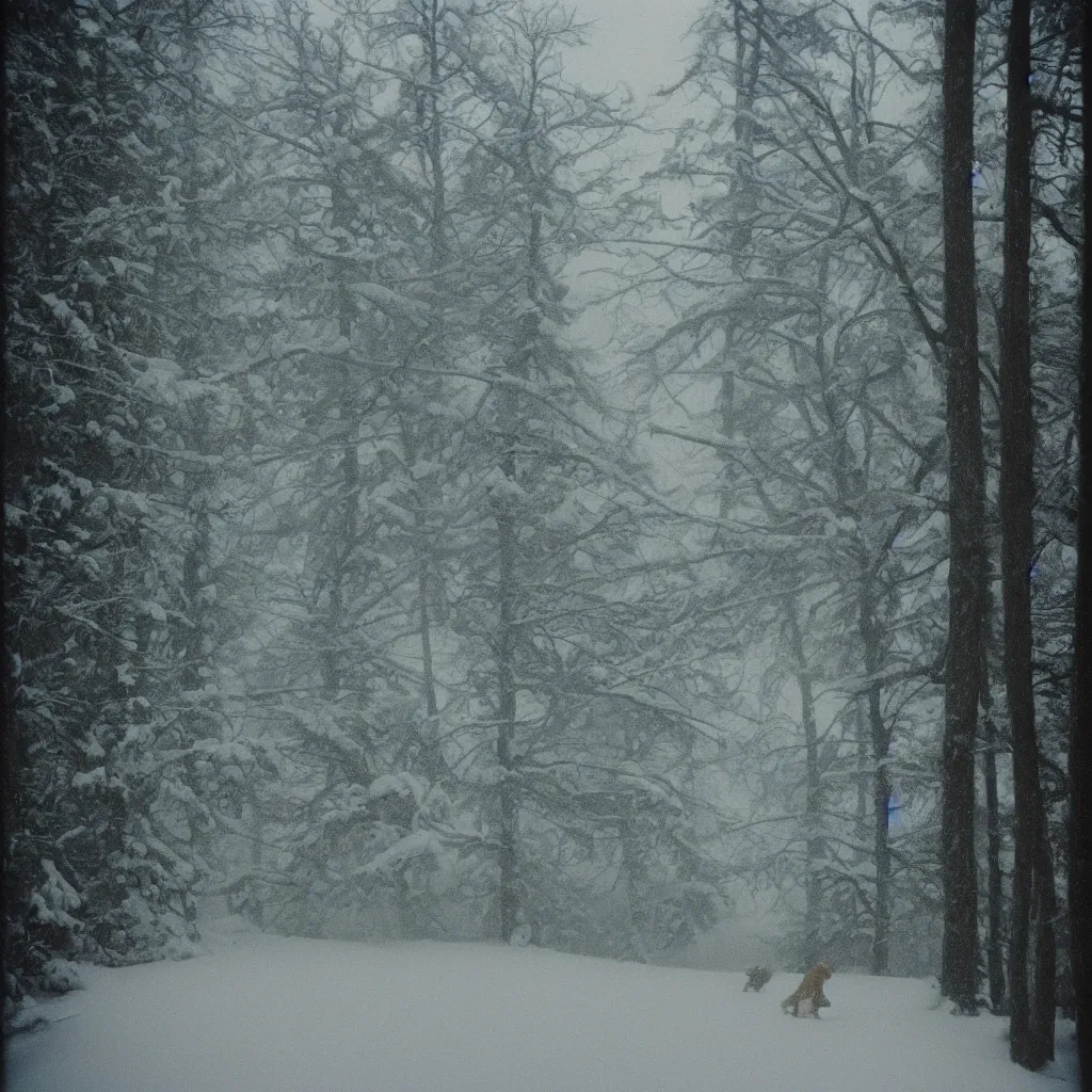 Image similar to photo, bigfoot is hiding in the background. cold color temperature, snow storm. hazy atmosphere. humidity haze. kodak ektachrome, greenish expired film, award winning, low contrast