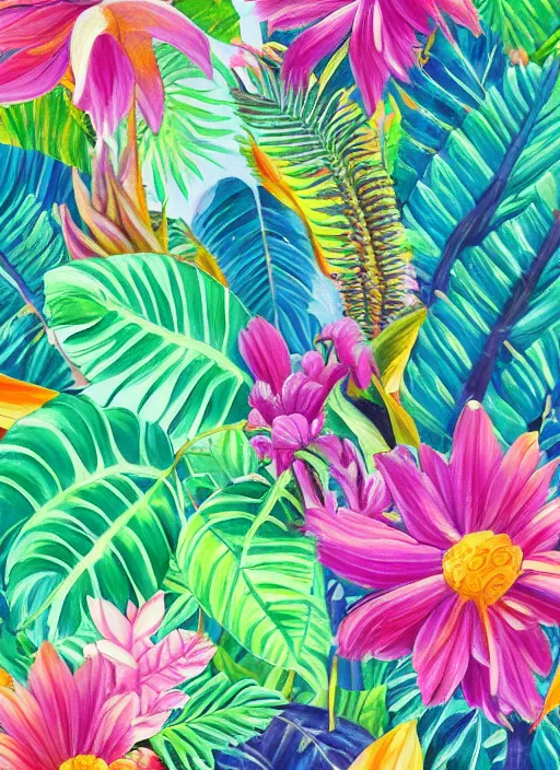 Prompt: a painting of tropical plants and flowers old photo by lisa frank, behance, airbrush art, digital painting