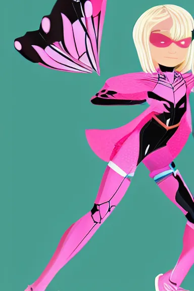 Prompt: blonde little girl with butterfly wings in an pink and black hero outfit, digital artwork made in spiderverse artstyle, shaped focus, heroic composition, hero pose, smooth, anatomically correct