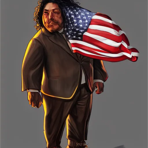 Image similar to a portrait of a short fat man with long curly black hair and a brown suit on with an American flag scarf, D&D, sci-fi, elegant, hopeful, muscular, highly detailed, digital painting, artstation, concept art, smooth, sharp focus, illustration